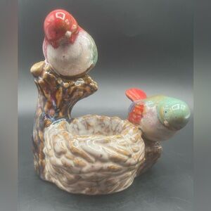 Pottery Bird Feeder with Red and Brown Accents Art Decor